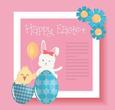 Cute rabbit with easter egg painted and chick Illustrazione stock