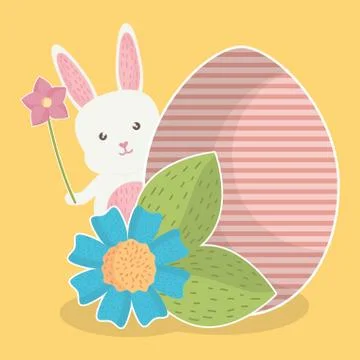 Cute rabbit with easter egg painted and flowers Illustrazione stock
