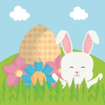 Cute rabbit with easter egg painted in the landscape Stock Illustration