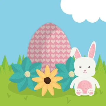 Cute rabbit with easter egg painted in the landscape Illustrazione stock