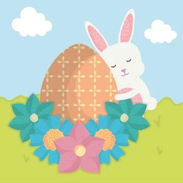 Cute rabbit with easter egg painted in the landscape Stock Illustration