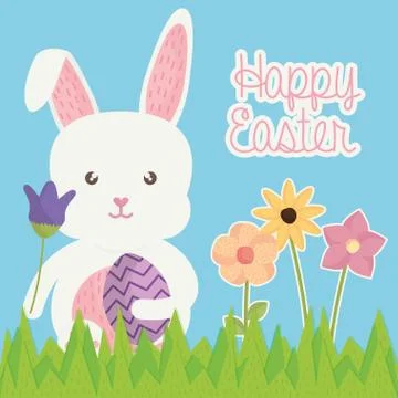 Cute rabbit with easter egg painted in the landscape Illustrazione stock