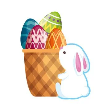 Cute rabbit with easter eggs painted in basket Illustrazione stock