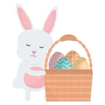Cute rabbit with easter eggs painted in basket Stock Illustration