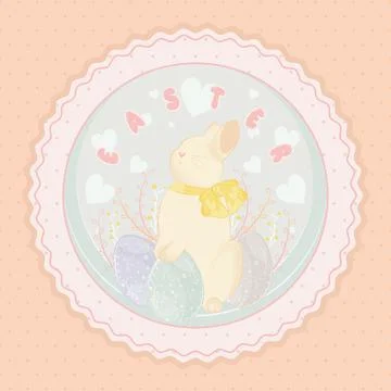 Cute rabbit with easter eggs on a pastry colored label Easter Vector Stock Illustration