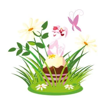 Cute rabbit easter female with egg painted in the camp Stockillustratie