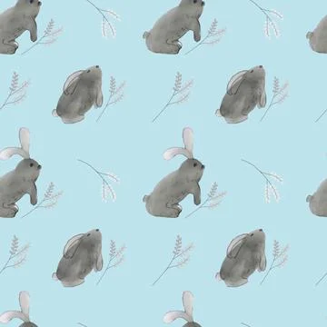 Cute rabbit with Easter willow on a blue background. Stock Illustration