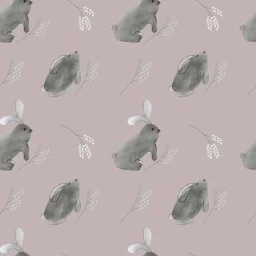 Cute rabbit with Easter willow on a pink background. Stock Illustration