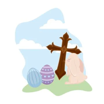 Cute rabbit with eggs of easter and cross catholic Illustrazione stock