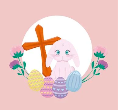 Cute rabbit with eggs of easter and cross catholic Stock Illustration