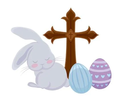 Cute rabbit with eggs of easter and catholic cross Stock Illustration