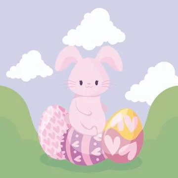 Cute rabbit with eggs of easter in landscape Illustrazione stock