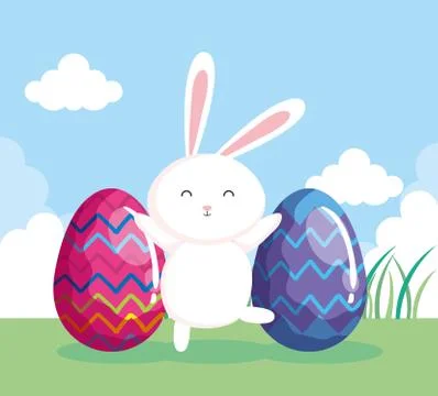 Cute rabbit with eggs easter in landscape Stock Illustration