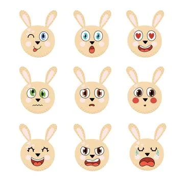 Cute rabbit emotions collection. Different emotional faces set with bunny Stock Illustration