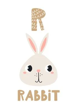 Cute rabbit face, letter R, text, illustration isolated Stock Illustration