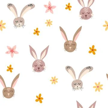 Cute rabbit faces seamless pattern. Bunny with flowers background. Perfect fo Stock Illustration