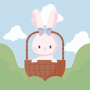 Cute rabbit female of easter in basket and landscape Illustrazione stock