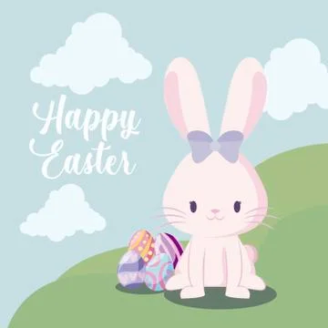 Cute rabbit female with eggs of easter in landscape Illustrazione stock