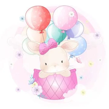 Cute rabbit flying with air balloon illustration Stock Illustration