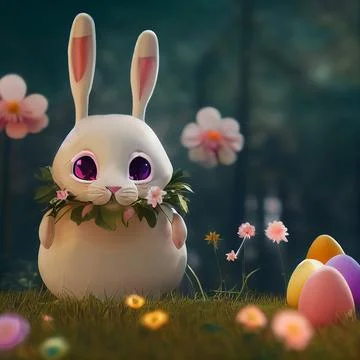 Cute rabbit in the forest with colorful easter eggs 스톡 일러스트