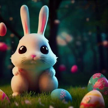 Cute rabbit in the forest with colorful easter eggs 스톡 일러스트