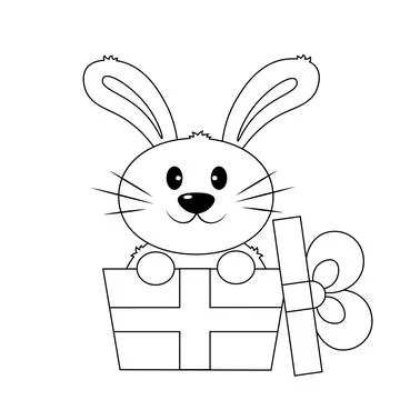 Cute Rabbit in gift box. Draw illustration in black and white Stock Illustration