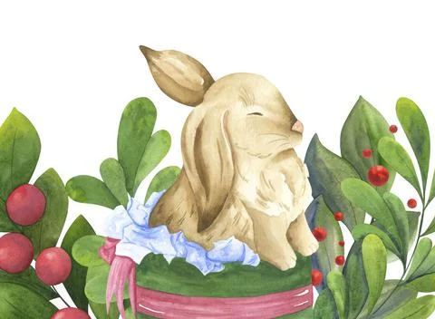 Cute rabbit in a gift box with wild herbs. Fluffy little bunny. Easter Bunny. Stock Illustration