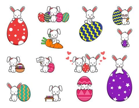 Cute rabbit happy easter day celebration cartoon vector icon illustration Stock Illustration