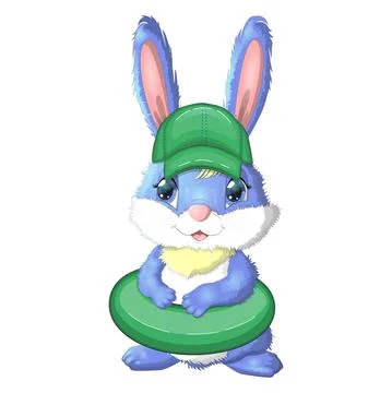 Cute rabbit, hare in a summer hat and swim ring, flippers. Beach, holiday, va Illustrazione stock
