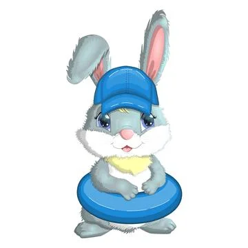 Cute rabbit, hare in a summer hat and swim ring, flippers. Beach, holiday, va Stock Illustration