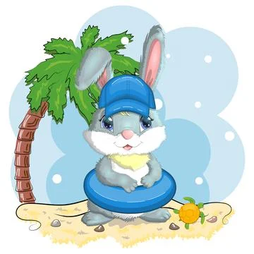 Cute rabbit, hare in a summer hat and swim ring, flippers. Beach, holiday, va Stock Illustration