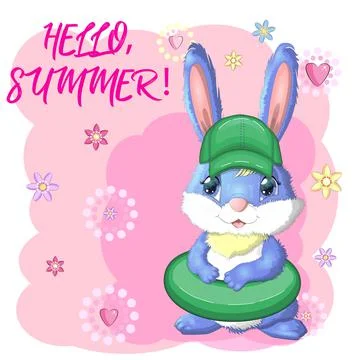 Cute rabbit, hare in a summer hat and swim ring, flippers. Beach, holiday, va Stock Illustration