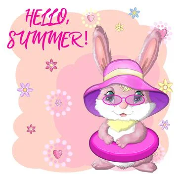 Cute rabbit, hare in a summer hat and swim ring, flippers. Beach, holiday, va Stock Illustration