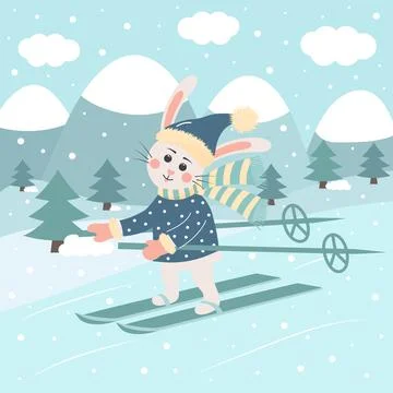 Cute rabbit in hat and scarf is skiing. Winter landscape. Greeting card. Stock Illustration