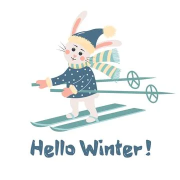 Cute rabbit in hat and scarf is skiing. Hello winter text Stock Illustration