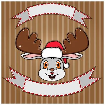 Cute Rabbit Head With Christmas Hat. Blank label and banner. Character, Mas.. Stock Illustration