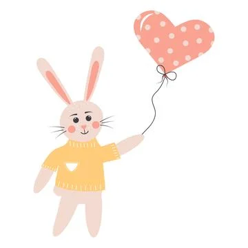 Cute rabbit with heart balloon. Easter bunny boy. Cartoon forest character 스톡 일러스트