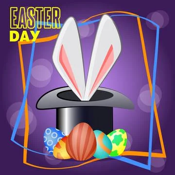 Cute rabbit hides in a hat among the painted eggs for easter Illustrazione stock