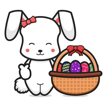 Cute rabbit holding basket contain colorful eggs cartoon vector icon illustra Stock Illustration