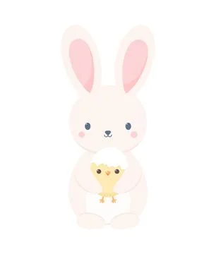 A cute rabbit holding a chick with an eggshell on its head Stock Illustration