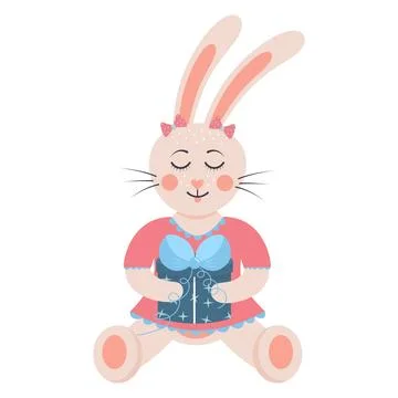 Cute rabbit holding a gift box. Bunny girl sitting in a dress. Stock Illustration