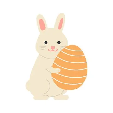 Cute rabbit holding orange Easter egg. Easter holiday. Cartoon vector Stock Illustration
