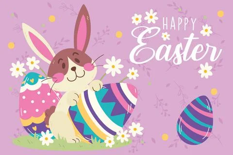 Cute rabbit holding a painted egg Easter week concept template Vector Illustrazione stock