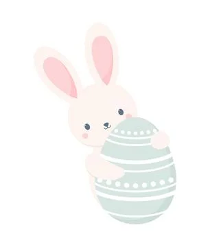A cute rabbit hugging a big Easter egg, isolated on a white background Stock Illustration