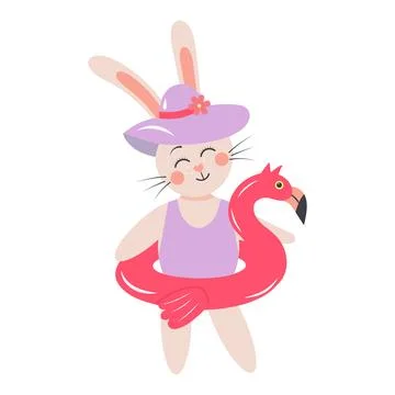 Cute rabbit with inflatable flamingo ring. Bunny girl in a swimsuit Stock Illustration