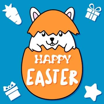 Cute rabbit inside orange egg on blue background in Happy easter concept 스톡 일러스트