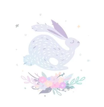 Cute rabbit jumps over the delicate flowers. Stock Illustration