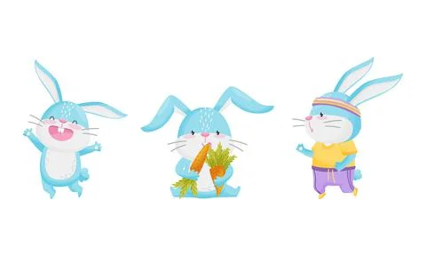 Cute Rabbit with Long Ears Jumping with Joy, Running and Eating Carrot Vector 스톡 일러스트