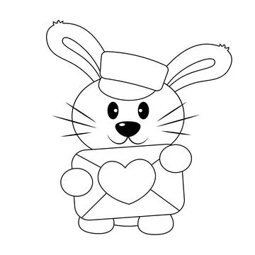Cute Rabbit with love envelope in black and white Stock Illustration