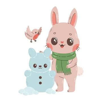 Cute rabbit making bunny snowman with bird vector Stock Illustration